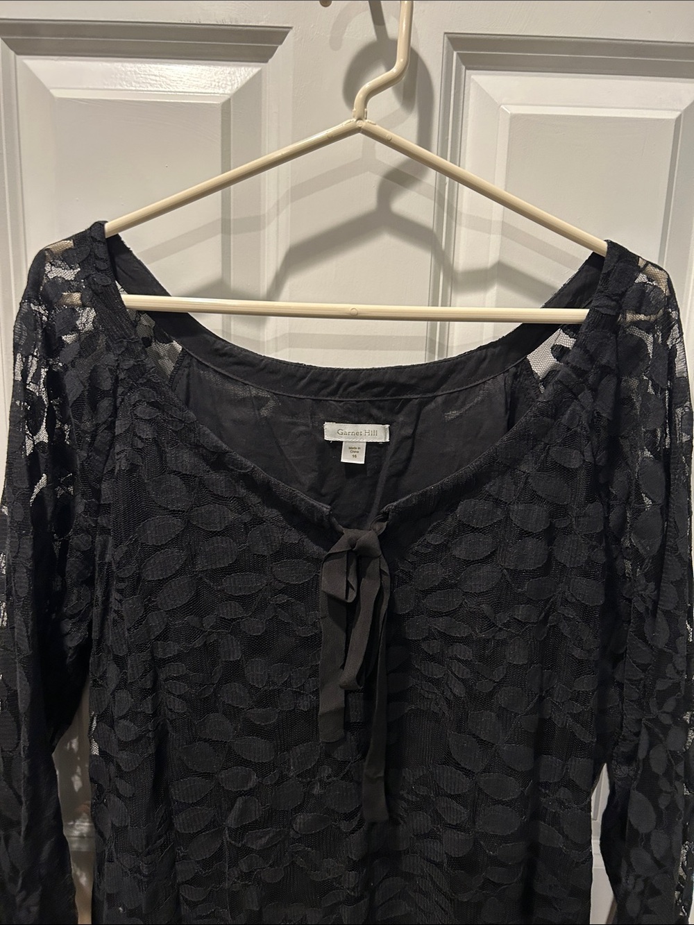 Garnet Hill Black Sheer Lace Tie-Neck Top Dress 16 EUC